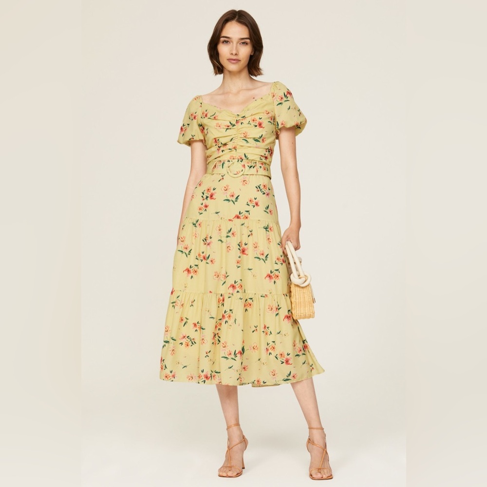 Paloma Blue Evie Dress Yellow Floral Print Puff Sleeve Belted Midi size medium